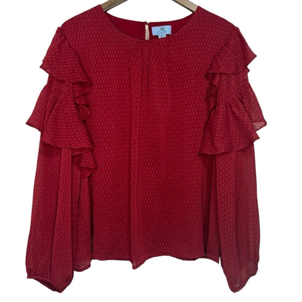 CeCe Ruffle Geo Clip Blouse size XL Red Pullover Feminine Date Night Office Top